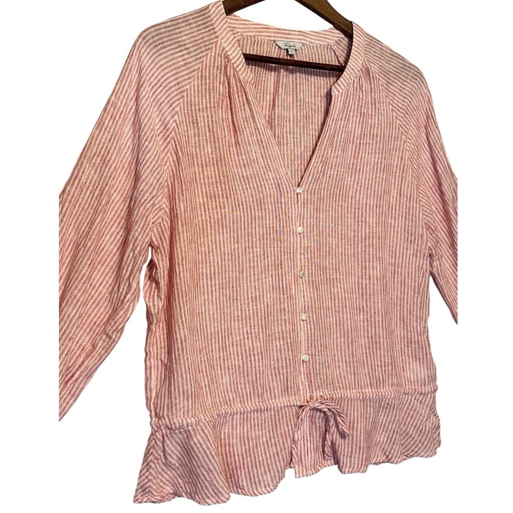 Rails Womens Marti Top L Red Stripe Long Sleeve Linen Blend Split Neck‎ Casual - Picture 3 of 8